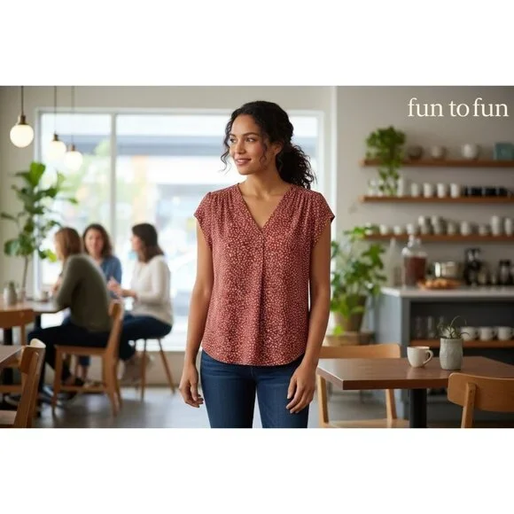 Fun2Fun Womens Mauve V-Neck Cap Sleeve Blouse With White Speckle Print - Size M - Picture 3 of 8